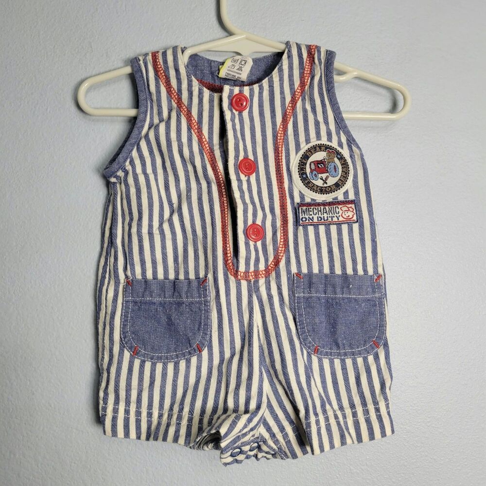Vtg Baby Togs Mechanic On Duty Romper 3-6 Mos Striped Red Tractor Shortall